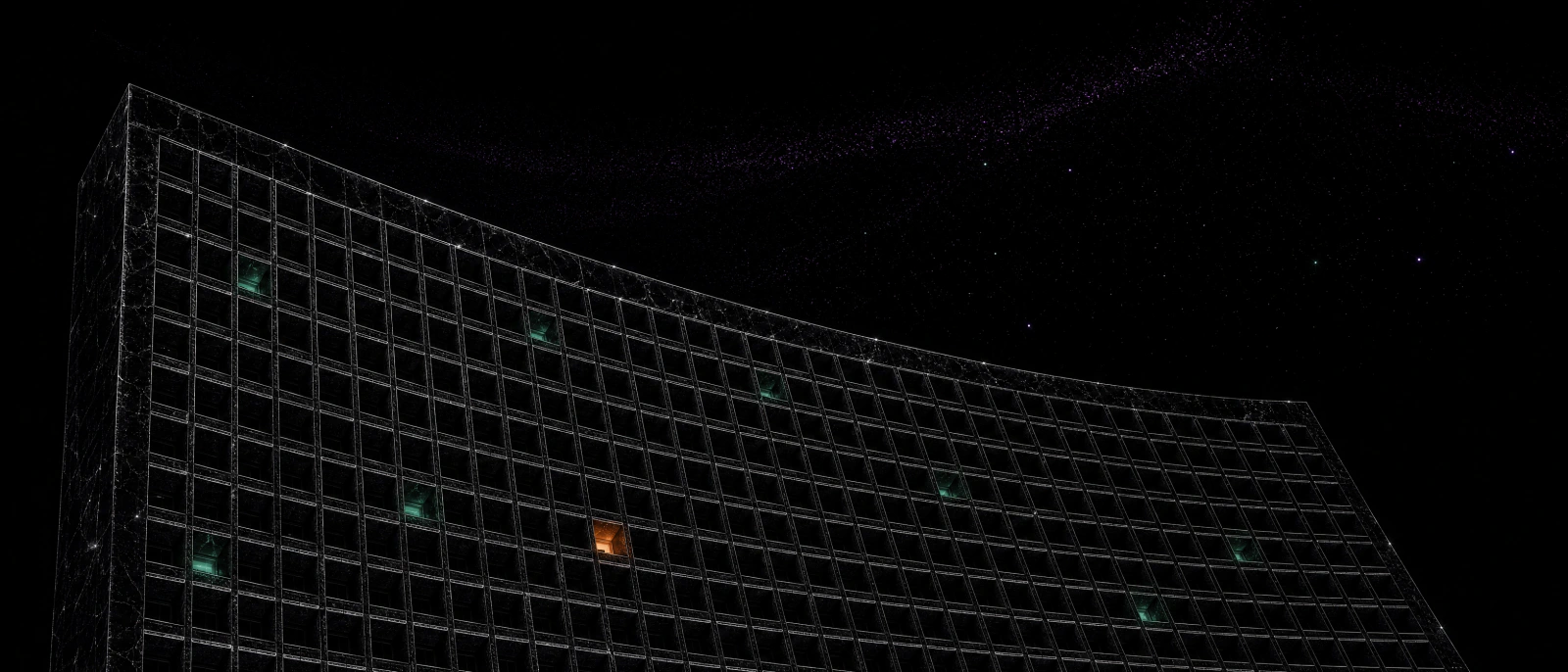 An obsidian facade of identical dark windows, lit only at the edges.