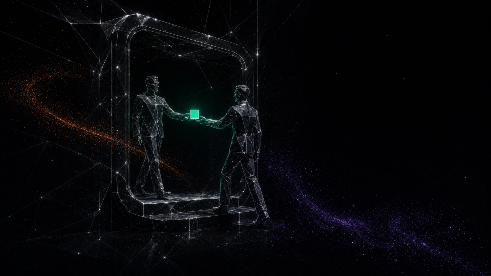 Two figures at a lit portal: one tenancy ending as another begins.
